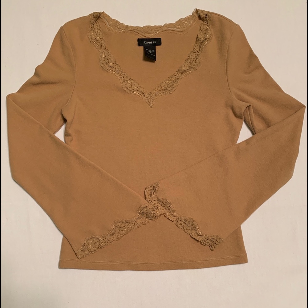 Vintage EXPRESS Junior Girls Top Small Lace Accent Brown 95% Cotton 5% Spandex